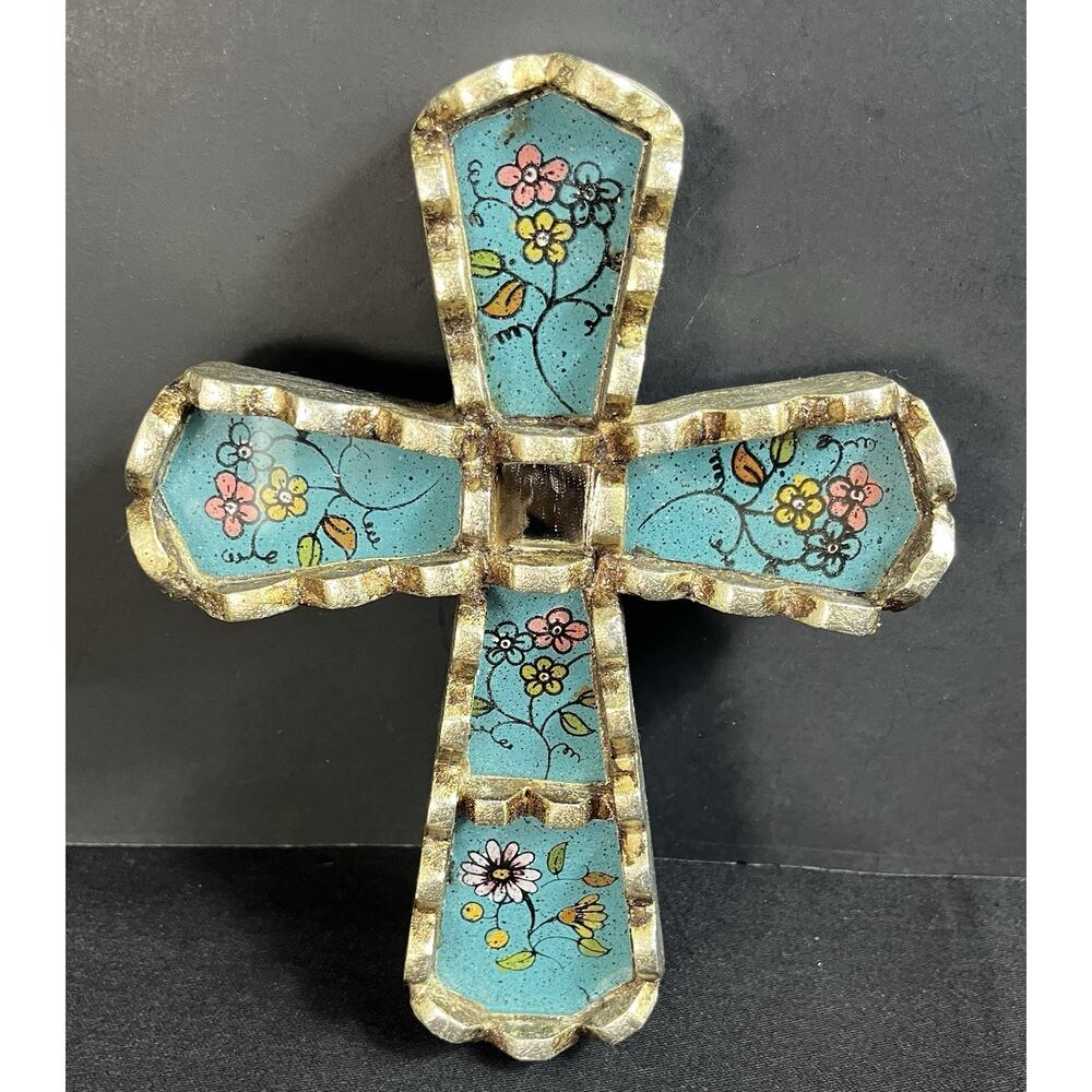 Peru Mohena Wood Cross w Mirror Reverse Painted Glass Artisan 5” X 6.5” Floral - Picture 6 of 8